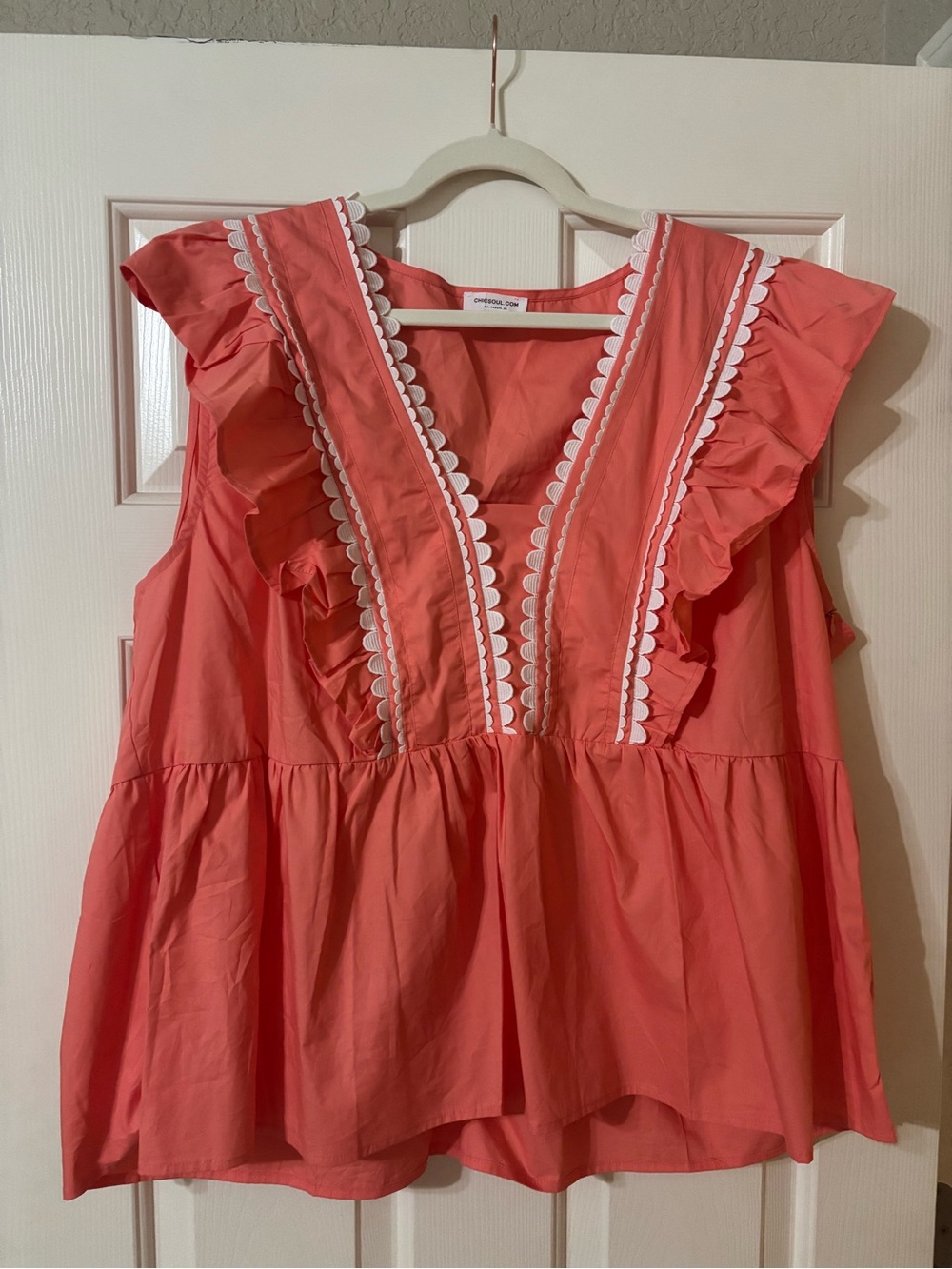 Chic Soul Coral Ruffle V-Neck Top with White Trim